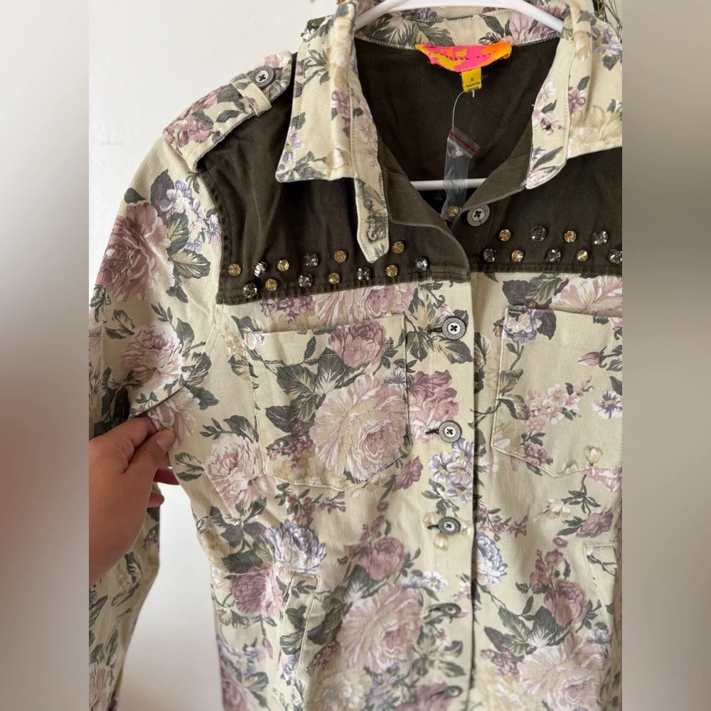 Rare Y2K Cottagecore Jacket Floral Print Beige Vintage Button Up Embellished S - Picture 5 of 6